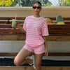 Women's Crew-Neck Spliced Short-Sleeve T-Shirt & Shorts Set by FitiqueFit