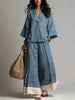 Women's Cotton-Linen V-Neck 3/4 Sleeve Shirt & Wide-Leg Pants Set by FitiqueFit