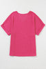 Bright Pink Textured Rolled Short Sleeve V Neck Blouse