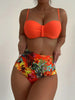 Bikini Tangerine Red Tropical Floral High Waist 2 Piece Swimsuit for Women – Stretchy Off the Shoulder Lace Up Bikini Set with Tummy Control and Customized Fit – Vibrant Summer Beachwear for Vacation Poolside and Resort Looks by Stevvex