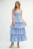 Pin Stripe Smocked Bodice Layered Midi Dress – Smocked Bodice Dress, Fluttering Pinstripe Midi Dress, Layered Midi Dress, Trendy Midi Dress, Flattering Pinstripe Dress by Stevvex
