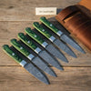 Damascus Steak Knife Set, Full Tang Serrated Knives, Green Pakka wood Handle, Precision Slicing by JW SteelCrafts