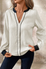 White Colorblock Edge Long Sleeve V Neck Textured Blouse by Wild and Free Boutique
