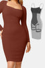 Elegant Black Full Size Built-In Shapewear Square Neck Long Sleeve Dress Sculpting Fit Dress for Women by Stevvex