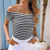 Ladies' Off Shoulder Striped Top Casual One Shoulder Shirt by FitiqueFit