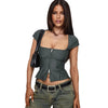 Women's Retro Square-neck Short-sleeve Top With Double Zippers by My Store