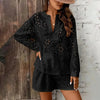 Women's Solid Color Elegant V-Neck Lace Long Sleeve Blouse & Shorts Set by FitiqueFit