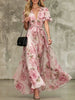 Women's Deep V-Neck Ruffle Sleeve Printed Maxi Dress – High Waist by FitiqueFit