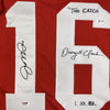 Framed Autographed/Signed Joe Montana & Dwight Clark 35x39 The Catch San Francisco Red Football Jersey PSA/DNA & Beckett BAS COA