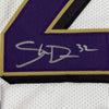 Framed Autographed/Signed DeShon Elliott 35x39 Baltimore White Football Jersey JSA COA
