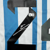 Framed Autographed/Signed Enzo Fernandez 35x39 Argentina Blue/White Soccer World Cup Jersey Beckett BAS COA by Hall of Fame Sports Memorabilia