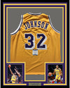 Framed Autographed/Signed Earvin Magic Johnson 35x39 Los Angeles Lakers Yellow Basketball Jersey Beckett BAS COA