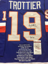 Autographed/Signed Bryan Trottier Inscribed HOF 97  New York Islanders Blue Stat Hockey Jersey JSA COA