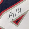 Framed Autographed/Signed Mohamed Sanu 35x39 New England Blue Football Jersey JSA COA