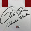 Framed Autographed/Signed Pete Rose Inscribed Charlie Hustle 35x39 Cincinnati White Baseball Jersey Athlete Hologram COA #1
