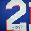 Framed Autographed/Signed Joel Embiid 35x39 Philadelphia Blue Basketball Jersey JSA COA/LOA