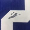 Framed Autographed/Signed Saquon Barkley 35x39 New York Blue Football Jersey JSA COA