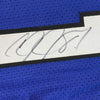Framed Autographed/Signed Calvin Johnson 35x39 Detroit Royal Blue Football Jersey JSA COA
