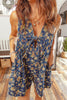 Blue Retro Floral Print Bow Tie V Neck Sleeveless Pleated Loose Denim Romper by Wild and Free Boutique