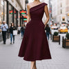 Women's Off-Shoulder Swing Dress – Solid Color Flowy Midi by FitiqueFit