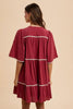 Tassel Contrast Trim Tie Neck Half Sleeve Tiered Dress – Bohemian-Inspired Dress with Tassel Details, Adjustable Tie Neck, and Tiered Design for a Flowing, Feminine Silhouette by Stevvex