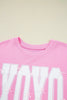 Pink Bow Sequin XOXO Letter Graphic Exposed Seam Baggy Sweatshirt by Wild and Free Boutique