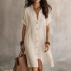 Women's Buttoned Midi Shirt Dress – Short Sleeve Cotton Linen by FitiqueFit