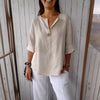 Women's V-Neck Long-Sleeve Button Top – Loose Fit Casual Blouse by FitiqueFit