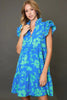 Blue Full Size Two-Tone Floral Print Ruffle Cap Sleeve Mini Dress Plus Size Elegant Dress by Stevvex