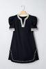 Black Leopard Trim Notched Neck Short Puff Sleeve Shift Mini Dress by Wild and Free Boutique