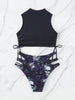 Bikini Skull Print Hollow-Out 2 Piece Swimsuit for Women – Sexy Lace-Up Floral Tie Bathing Suit with Crew Neck – High Stretch Halloween Inspired Bikini Set for Beach Party, Festival, and Summer Vacation by Stevvex