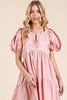 Ruffle Trim Puff Sleeve Tiered Babydoll Midi Dress – Fluttering, Sweet, Elegant, Feminine, and Trendy Babydoll Midi Dress with Ruffle Trim and Puff Sleeves by Stevvex