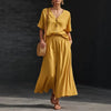 Women's Cotton-Linen V-Neck Button-Up Top & Long Skirt Set by FitiqueFit