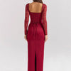 Wine Red Lace Stitching Tied Long Sleeves Dress