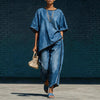 Women's Denim-Style Knit Top & Wide-Leg Pants Set – Casual 2-Piece by FitiqueFit
