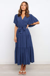 Front Tie Short Sleeve Tiered Midi Dress