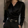 Women's Elegant Cross V-Neck Blouse, Ruffle Detail Button Accent Office Shirt by FitiqueFit