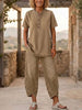 Women's Lapel Button-Up Top & Pants Two-Piece Set – Three-Quarter Sleeve by FitiqueFit