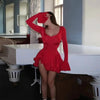 Deep V-Neck Ruffle-Hem Flared-Sleeve Mini Dress — Button-Front Bodycon by FitiqueFit