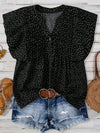 Polka Dot Notched Ruffled Cap Sleeve Blouse