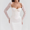 Women's White Long Sleeve Lace Long Patchwork Dress