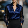 Women’s Satin Lapel Collar Blouse – Sheer Long Sleeve Button-Down Shirt for Office & Spring/Autumn Wear by FitiqueFit