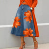 Women's Floral Print A-Line Midi Skirt – Denim-Style Boho Skirt by FitiqueFit