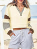 Color‑Block Cropped Polo V‑Neck Sweatshirt by FitiqueFit
