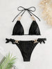 Bikini Ruched Texture Golden Chain 2 Piece Triangle Swimsuit for Women – Striped Halter Bikini Set with Bow Tie Side and Elegant Ring Link Detail – Stretchy Beachwear for Pool Bathing and Summer Vacations by Stevvex