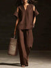 V-Neck Short Sleeve Top & Straight-Leg Pants Set – Ripped Detail, Pockets, Solid Color by FitiqueFit