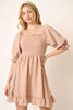 Smocked Ruffled Hem Half Sleeve Mini Dress, Cute, Elegant, Charming and Comfortable Mini Dress with Smocked Bodice and Whimsical Ruffled Hem by Stevvex