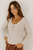 Black Lace Neckline Button Decor Lettuce Edge Long Sleeve Ribbed Top by Wild and Free Boutique