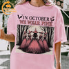 "In October We Wear Pink" Horror T-Shirt - Halloween Breast Cancer Awareness Tee, Cancer Survivor Support Squad Shirt