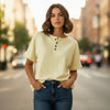 Women's Cotton Linen Striped T-Shirt – V-Neck, Button Detail, Loose Fit by FitiqueFit